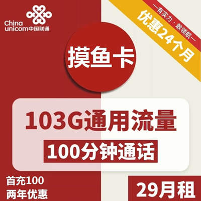 浙江联通摸鱼卡29元月租包103G通用+100分钟通话