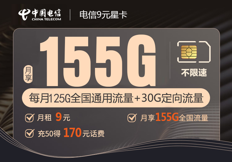 【超划算】电信王炸卡9元月租包125G通用流量+30G定向