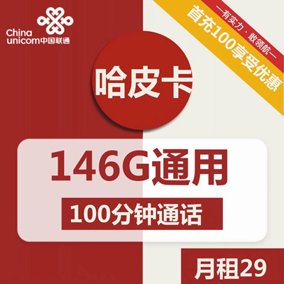 【长期资费】联通哈皮卡29元月租包146G通用流量+100分钟通话