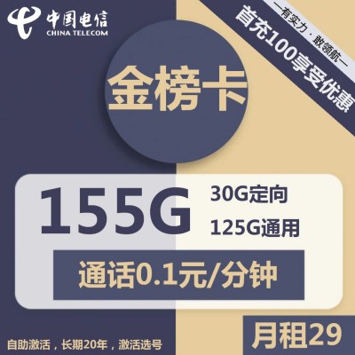 【长期资费】电信金榜卡29元月租包125G通用流量+30G定向流量