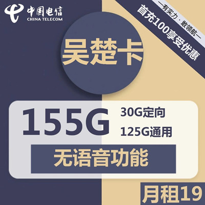 【长期资费】电信吴楚卡首年19元月租包125G通用流量+30G定向流量+无语音功能