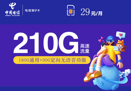 【长期流量】河南电信粽子卡首年29元月租包180G通用流量+30G定向流量，无语音功能