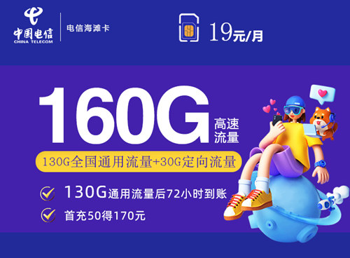 【2年19】电信海滩卡19元月租包130G通用流量+30G定向流量