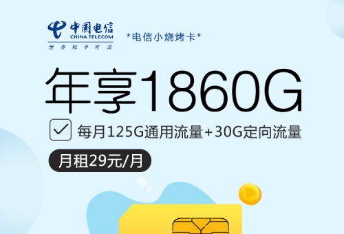 【20年套餐】电信小烧烤卡29元月租包125G通用流量+30G定向流量