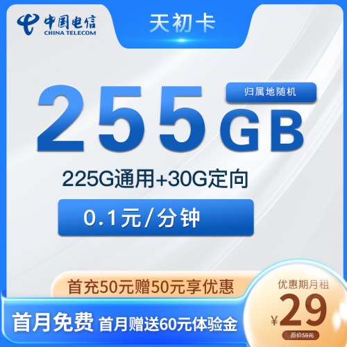 【2年优惠】超大流量卡电信天初卡29元月租包225G通用流量+30G定向流量