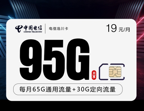 【长期流量】电信沧川卡19元月租包95G全国流量+100分钟+视听会员1年