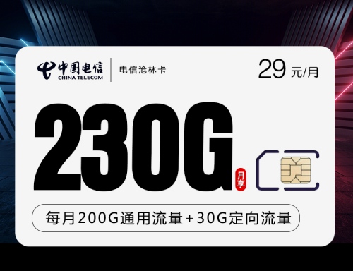 【20年套餐】电信沧林卡29元月租包200G通用流量+30G定向流量+300分钟