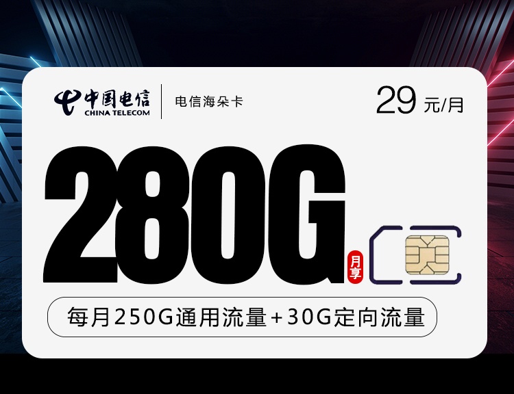 【长期29】电信海朵卡29元月租包250G通用流量+30G定向流量